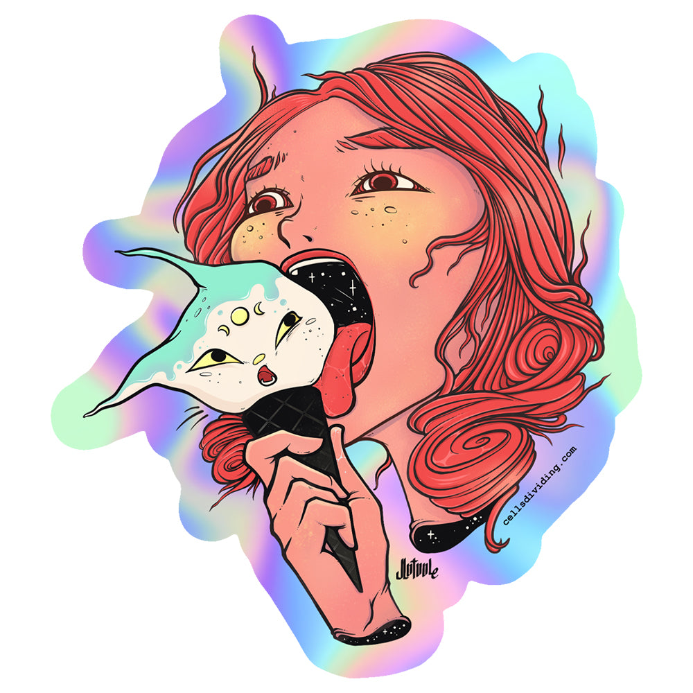 Girl And Cat Ice Cream, Holographic Sticker