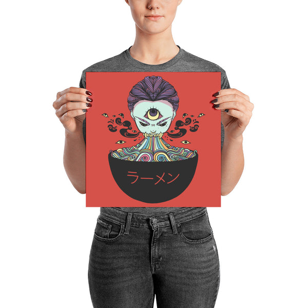 Colorful ramen art print featuring a skull and vibrant noodle bowl, perfect for any art lover's decor.