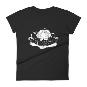 Girl Hugging Cats, Ladies T-Shirt, Black