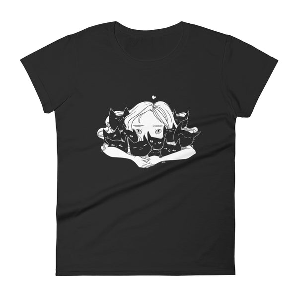 Girl Hugging Cats, Ladies T-Shirt, Black