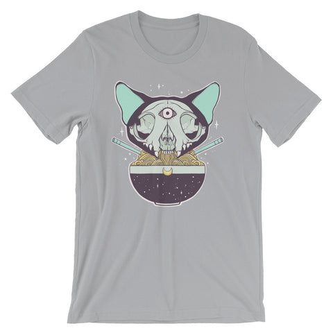 Cat skull and ramen noodles graphic on gray unisex t-shirt, soft and stretchy 100% cotton fabric.