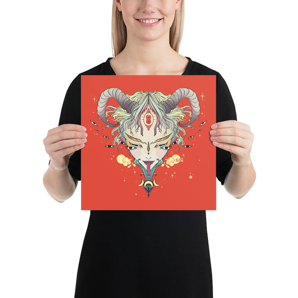Third Eye Witch matte art print poster held by a model, featuring vibrant colors and intricate design.