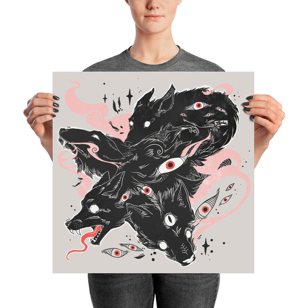 Matte art print poster featuring a striking illustration of wolves with eyes, held by a person. Museum-quality, made-to-order.