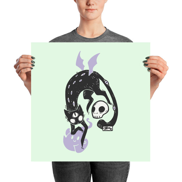 Kuro black cat art print poster featuring a cat with skull and ghost friend on mint background, shipped in tube.