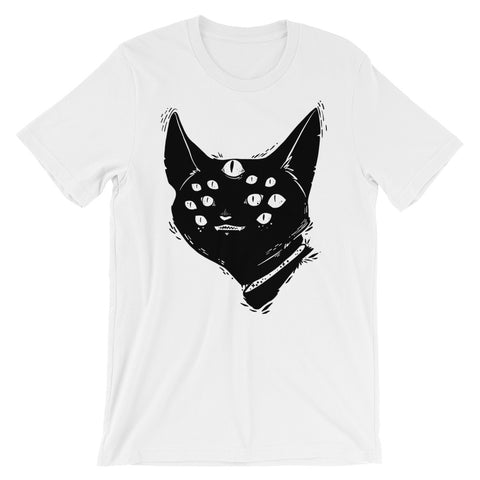 Many Eyed Monster Cat graphic t-shirt, soft unisex tee made from eco-friendly materials, perfect for any cat lover.