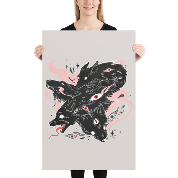 Matte art print illustration of multiple black wolves with eyes, stunning museum-quality poster.