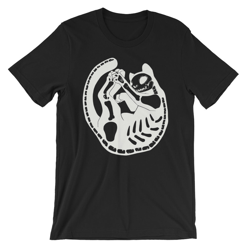 Black Cat Skeleton Graphic Tee, Halloween Skull T Shirt