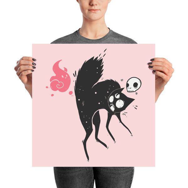 Matte art print featuring Kuro, a black cat with a skull and ghost friend, on durable archival paper.