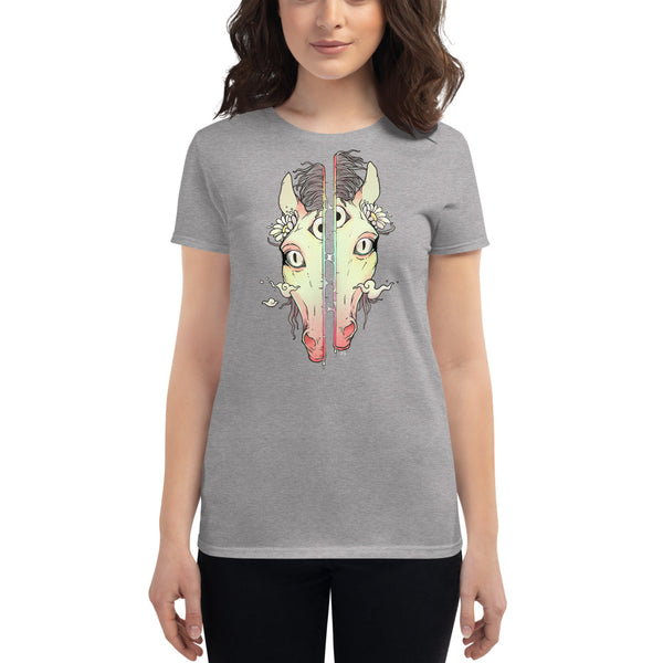 Split Face Horse, Ladies T-Shirt, Heather Grey