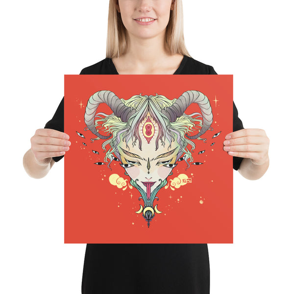 Matte art print of a third eye witch with horns, showcased on a vibrant red background, perfect for mystical decor.