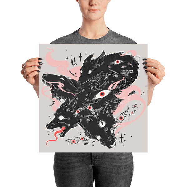 Matte art print featuring an original illustration of multiple black wolves with vibrant eyes and abstract design.
