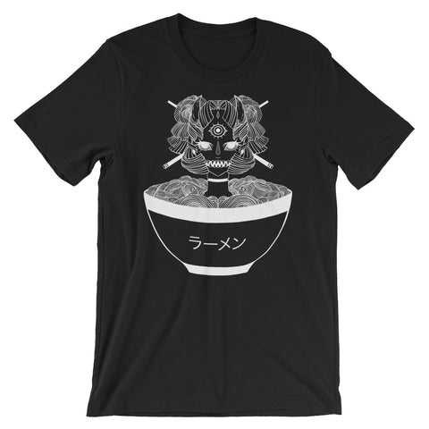 Black unisex t-shirt featuring original monster girl art in ramen bowl with Japanese text "ラーメン." Soft, stretchy, and comfortable.