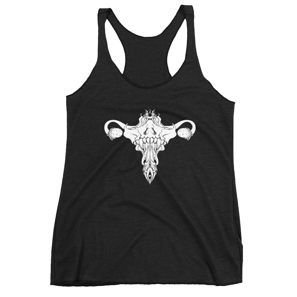Death Metal Uterus design on a black racerback tank top, ultra-soft and flattering for workouts and layering.