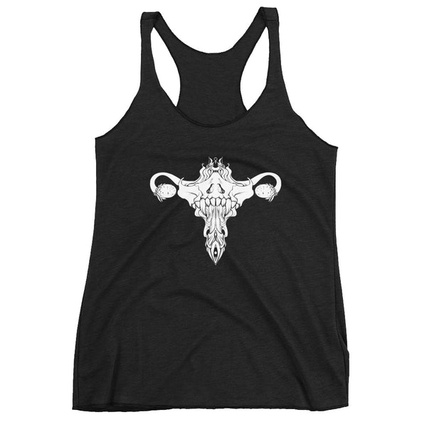 Death Metal Uterus design on a black racerback tank top, ultra-soft and flattering for workouts and layering.