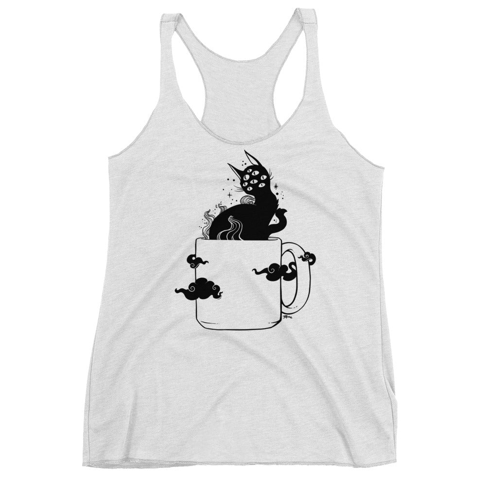 Black Cat Coffee Cup, Racerback Tank Top, Heather White