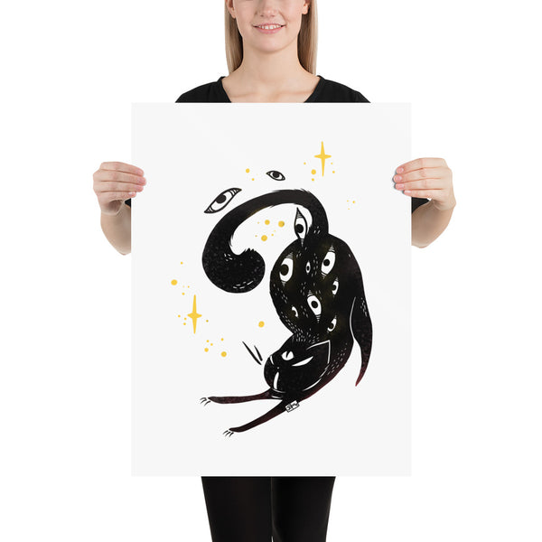 Stretching Black Cat, Matte Art Print Poster