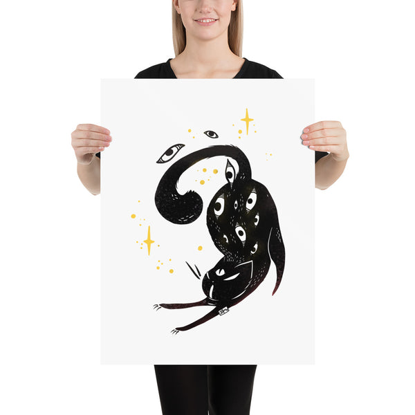 Matte art print poster of a stretching black cat illustrated with unique eye designs and stars.