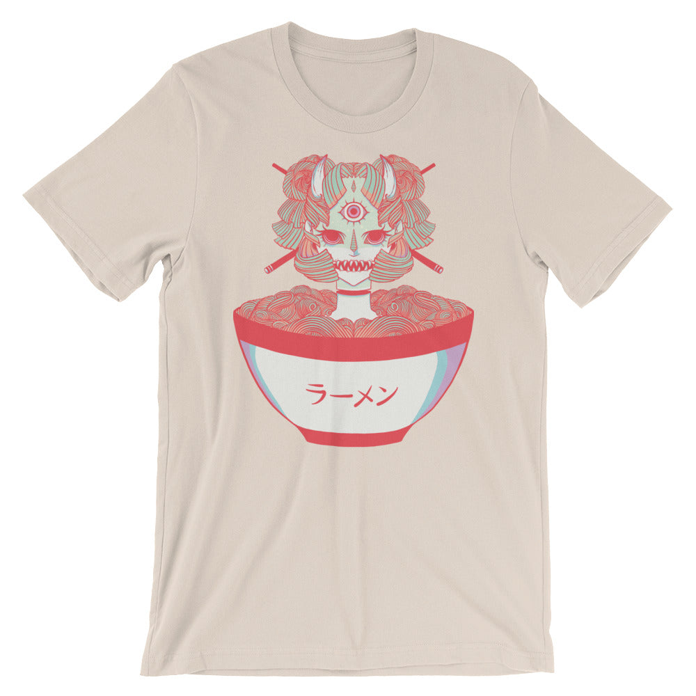 Monster Girl Ramen graphic unisex t-shirt in soft beige, featuring a colorful illustration of a monster girl with ramen.