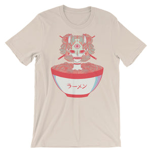 Monster Girl Ramen graphic unisex t-shirt in soft beige, featuring a colorful illustration of a monster girl with ramen.