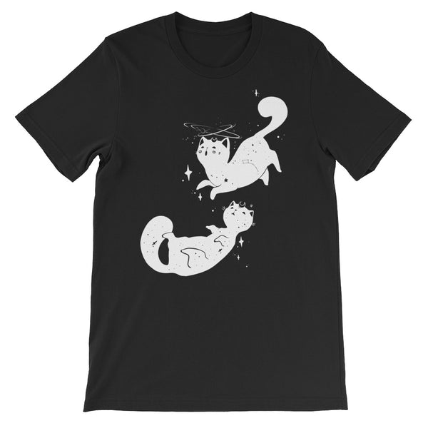 Black unisex t-shirt featuring original space cats illustration with stars and a galaxy design. Comfortable and eco-friendly.