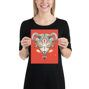 Woman holding a Third Eye Witch matte art print poster with a vibrant red background and intricate design.