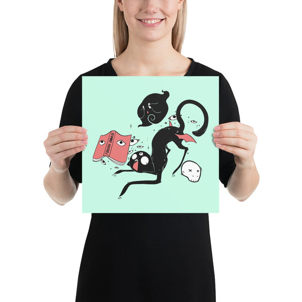 Kuro the black cat matte art print poster featuring playful illustrations on mint background.