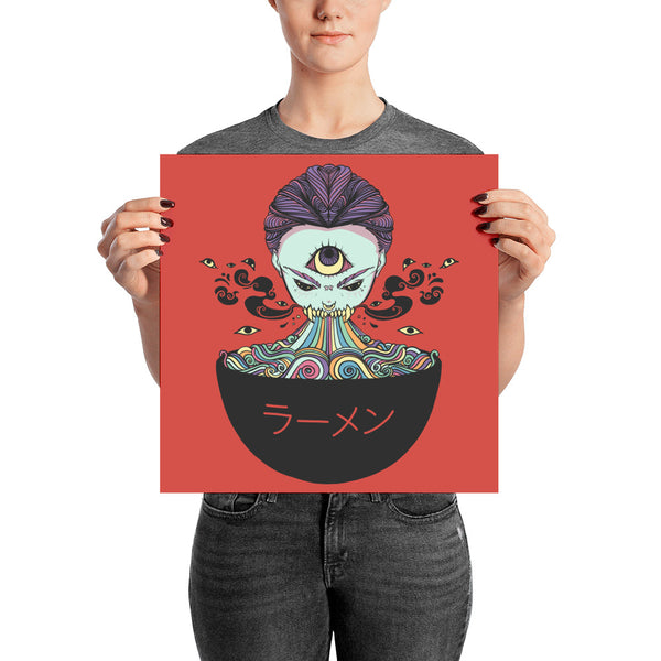 Colorful ramen art print featuring a skull with the word 'ラーメン' on a vibrant background, displayed by a person.