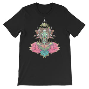 Sacred Lotus Creature graphic t-shirt in black, featuring a unique lotus blossom illustration, soft and stretchy fabric.