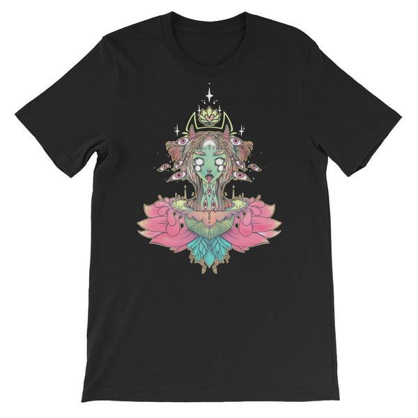 Sacred Lotus Creature graphic t-shirt in black, featuring a unique lotus blossom illustration, soft and stretchy fabric.