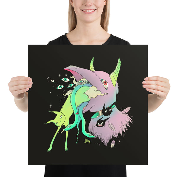 Bird & Cat Cartoon Art Print, Witchy Wall Art