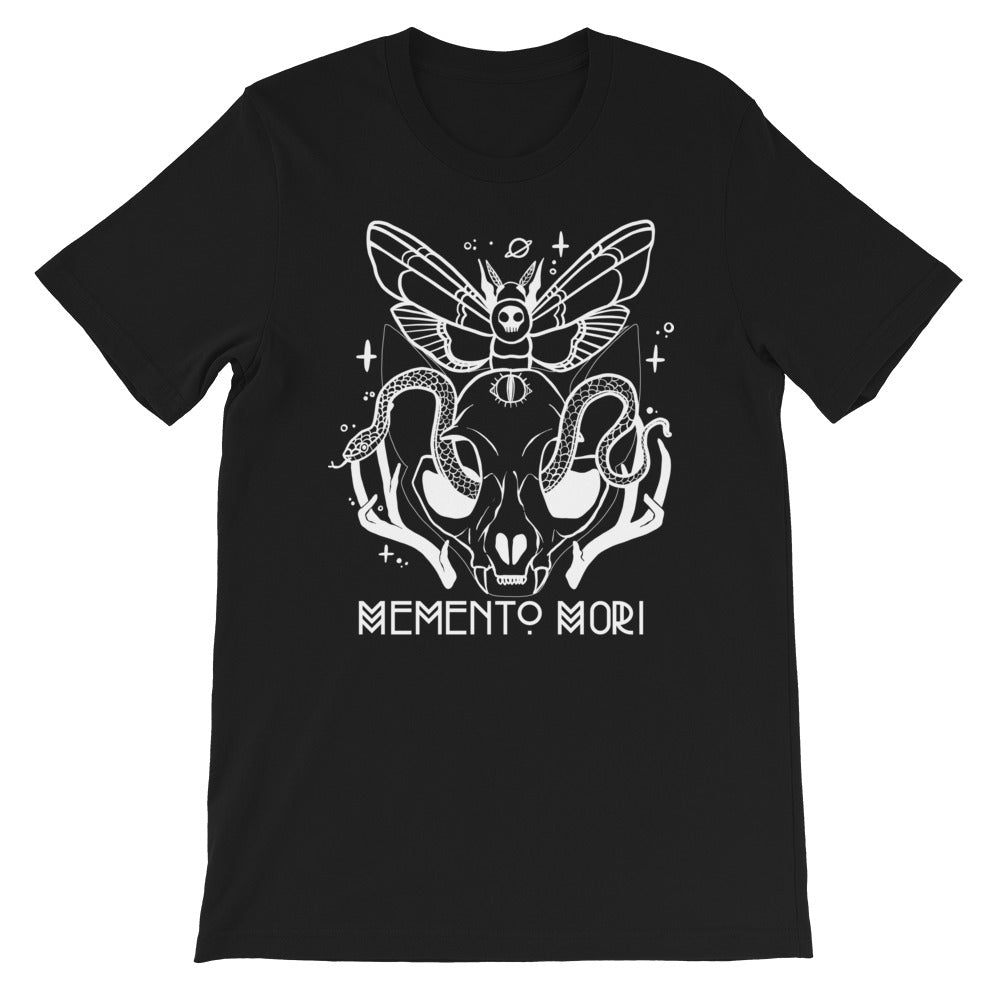 Black Memento Mori graphic t-shirt featuring a cat skull, snake, and death head moth artwork.