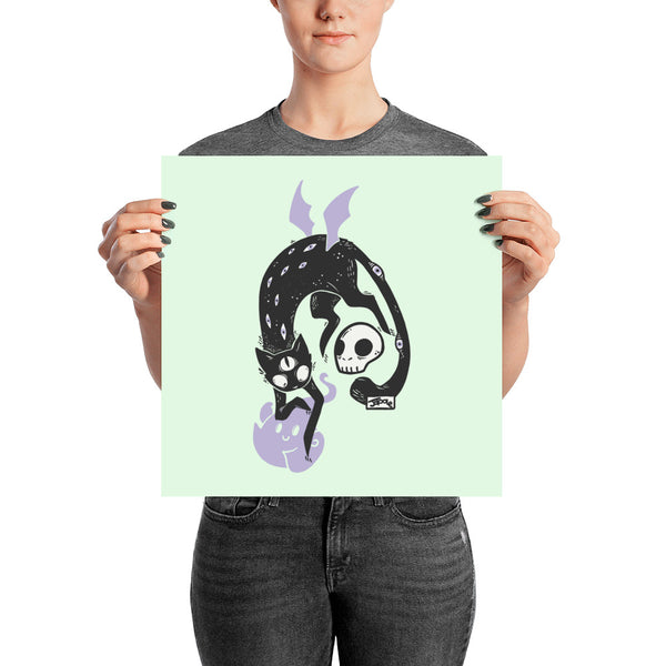 Matte art print of Kuro, a black cat with a skull and ghost friend on archival paper. Unique, museum-quality poster.