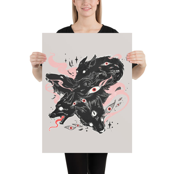 Woman holding Many Eyes Many Black Wolves matte art print poster featuring original wolf illustration.