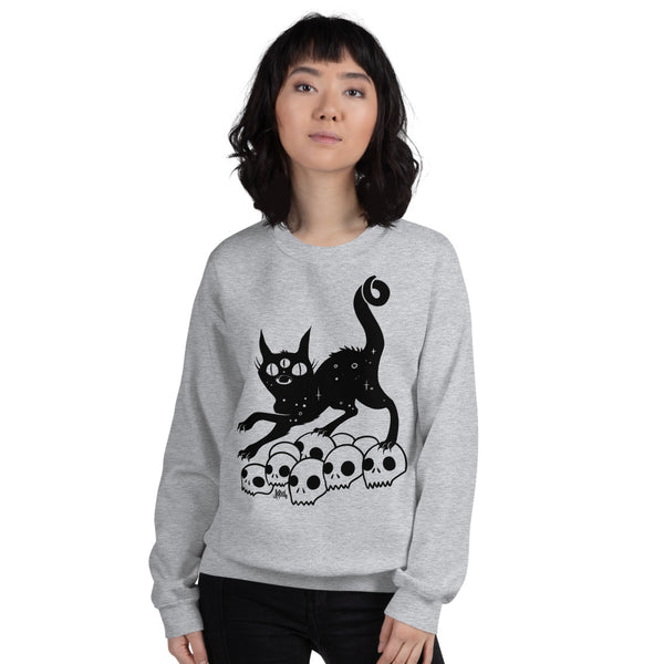 Black Cat On Skulls, Unisex Sweatshirt, Sport Grey
