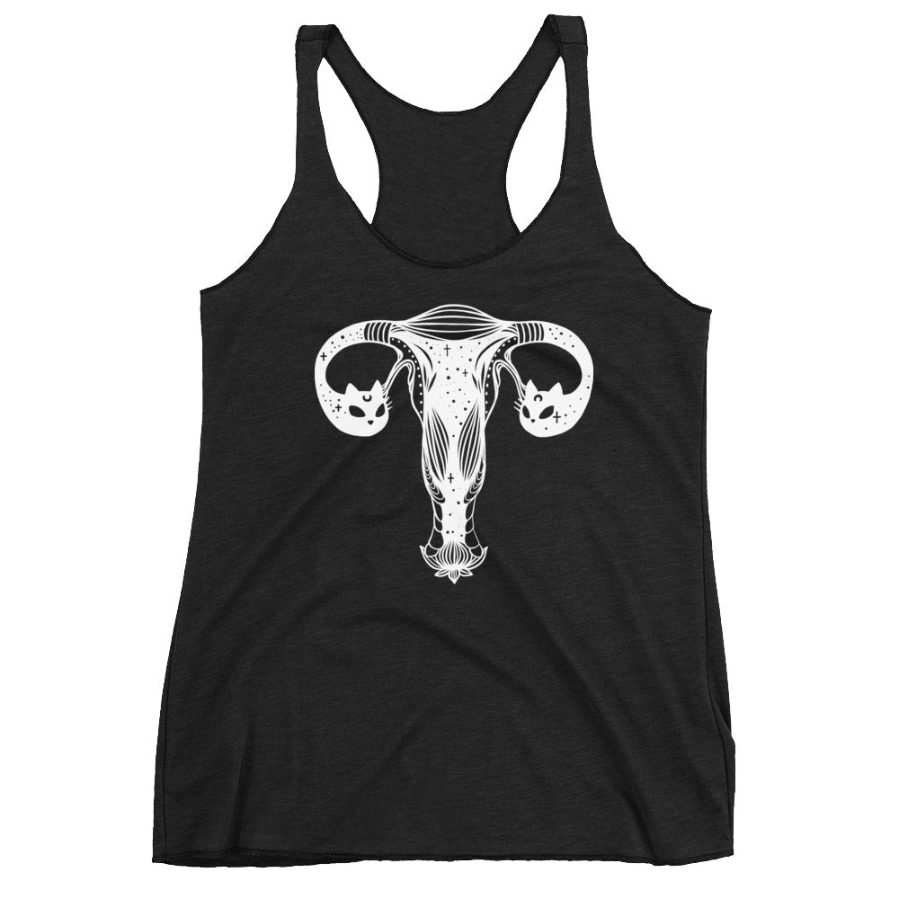 Ladies racerback tank top featuring artistic ovaries with cosmic cat heads, ultra-soft and form-fitting design.
