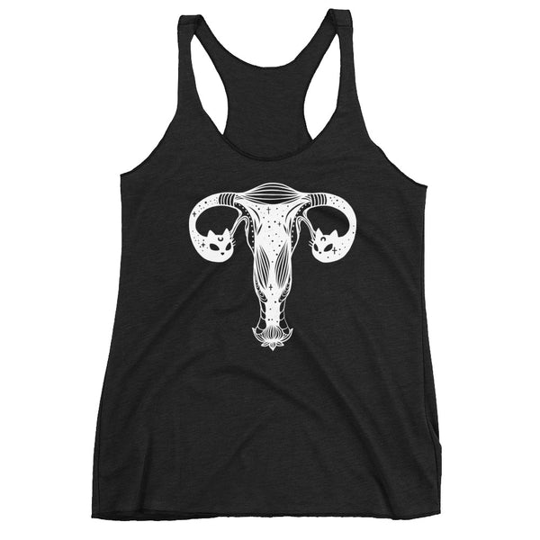 Ladies racerback tank top featuring artistic ovaries with cosmic cat heads, ultra-soft and form-fitting design.