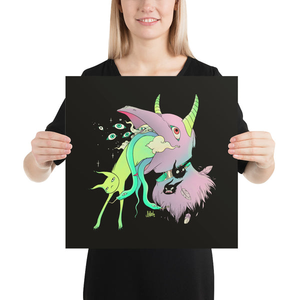 Bird & Cat Cartoon Art Print, Witchy Wall Art