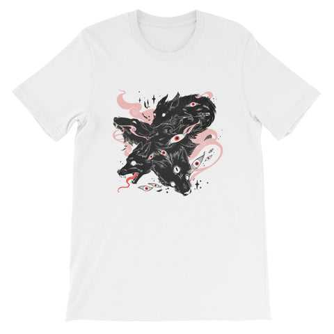 White unisex t-shirt featuring a unique graphic illustration of wolves and many eyes.