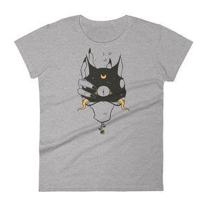 Two Headed Witch Cat, Ladies T-Shirt, Gray