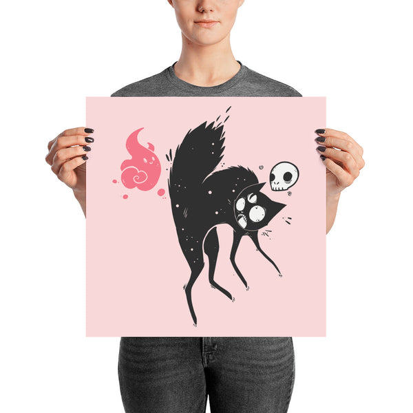 Kuro black cat art print featuring a playful cat with a skull and ghost, on pink background, museum-quality poster.
