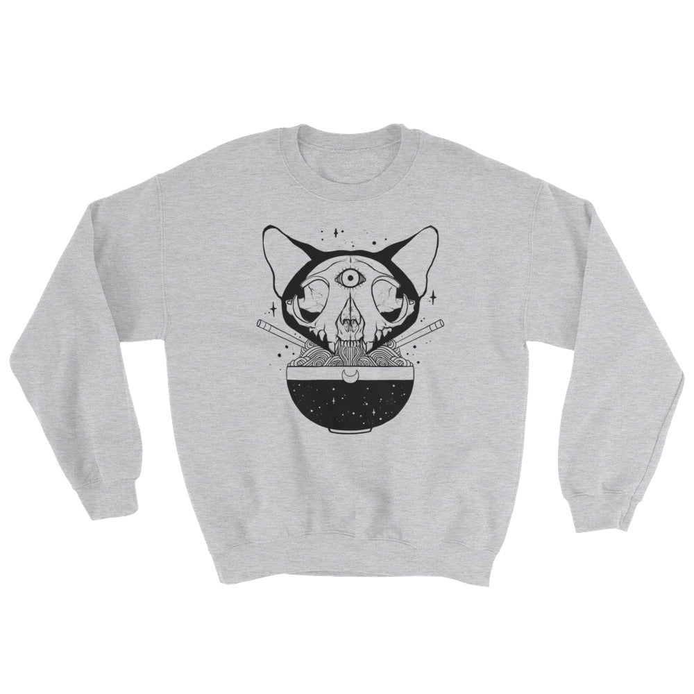 Cat skull design with ramen noodles on a cozy gray unisex sweatshirt, perfect for autumn and winter wear.