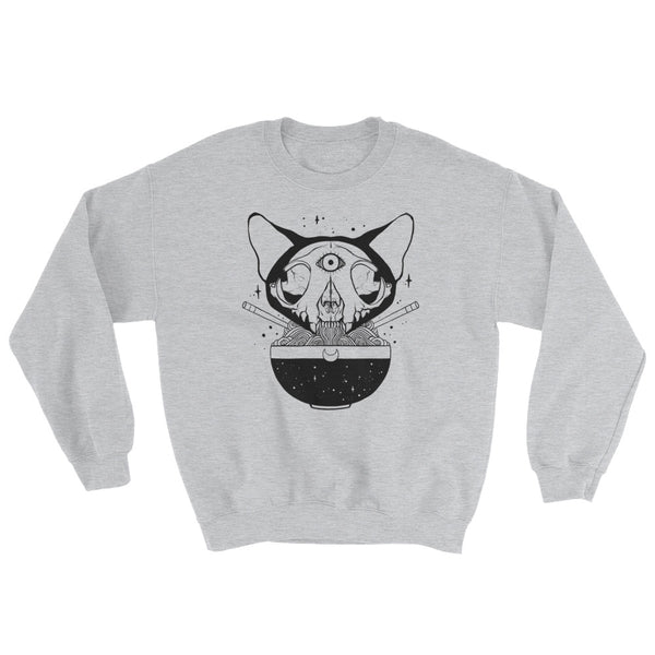Cat skull design with ramen noodles on a cozy gray unisex sweatshirt, perfect for autumn and winter wear.