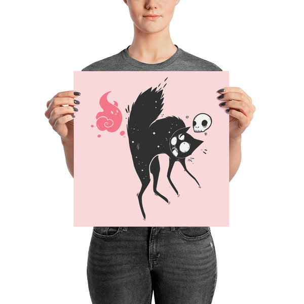 Kuro Black Cat art print poster featuring a black cat with a skull and ghost companion on a pink background.