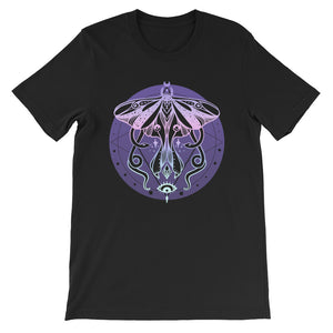 Luna moth graphic design on a black t-shirt featuring pastel colors and witchy elements. Soft and comfortable fit.
