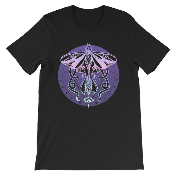Luna moth graphic design on a black t-shirt featuring pastel colors and witchy elements. Soft and comfortable fit.
