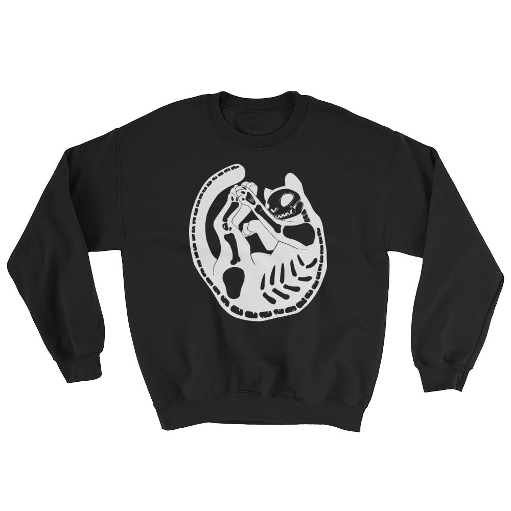 Skeleton cat illustration on a cozy black unisex sweatshirt, perfect for autumn and winter wear.