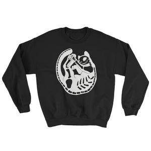 Skeleton cat illustration on a cozy black unisex sweatshirt, perfect for autumn and winter wear.