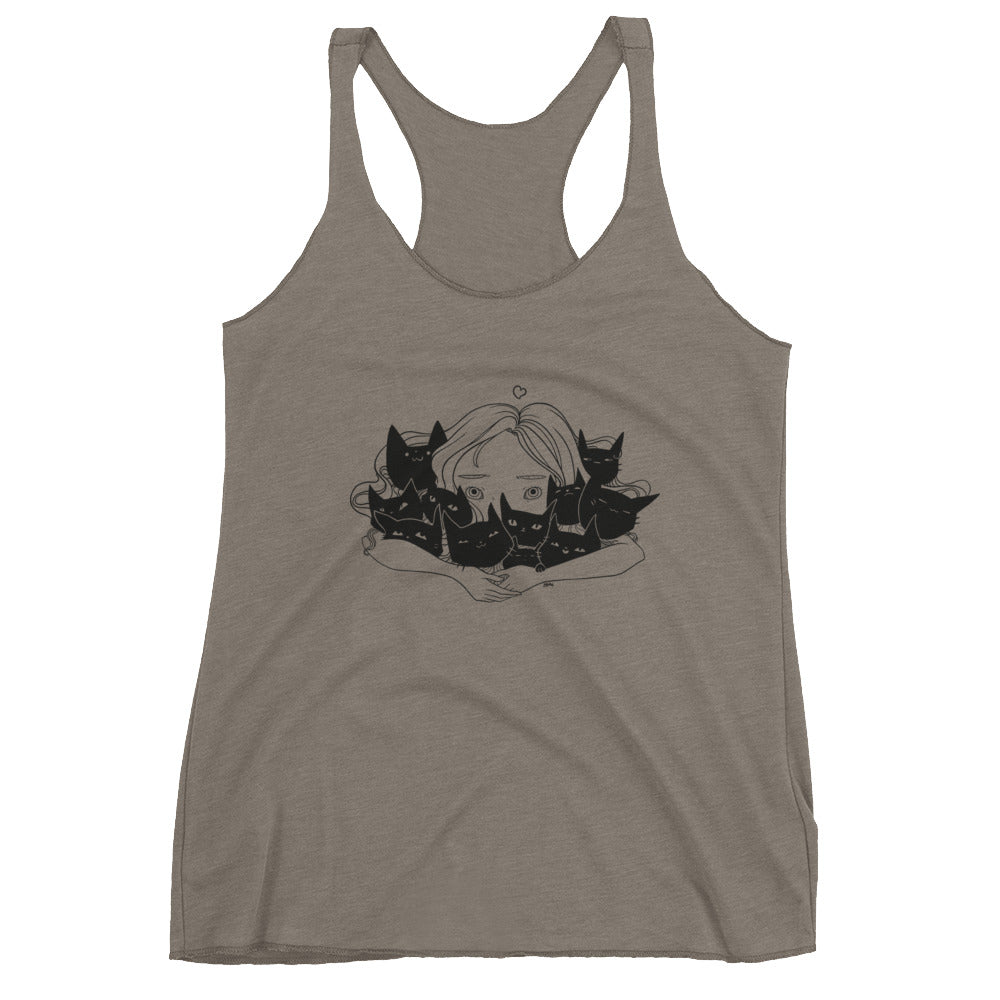 Girl hugging multiple black cats on a soft racerback tank top, perfect for layering and workouts.