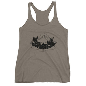 Girl hugging multiple black cats on a soft racerback tank top, perfect for layering and workouts.