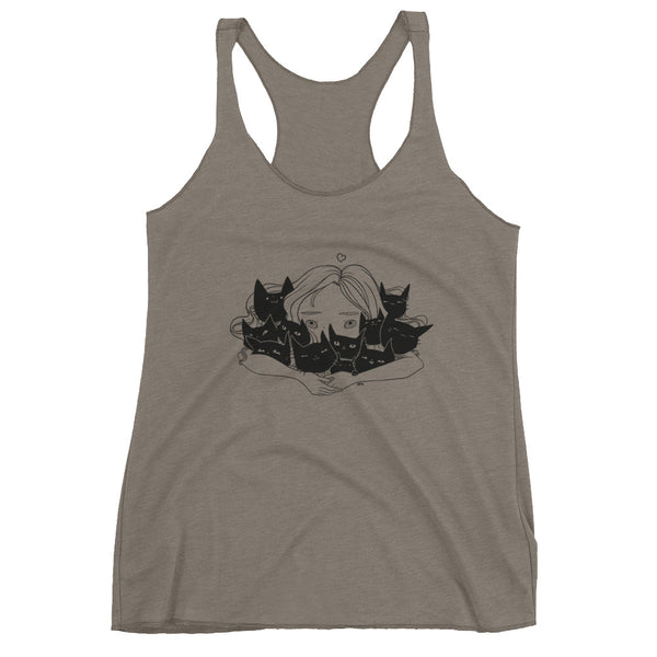 Girl hugging multiple black cats on a soft racerback tank top, perfect for layering and workouts.